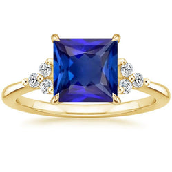 Yellow Gold Anniversary Ring Blue Sapphire & Natural Earth Mined Diamonds 5.25 Carats