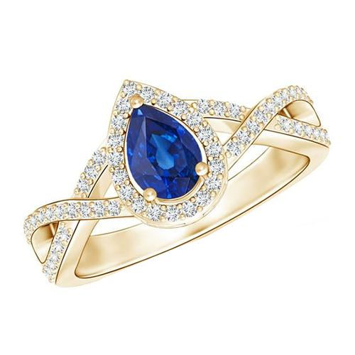 Yellow Gold Diamond Halo Ring Center Pear Ceylon Sapphire 4 Carats 14K - Gemstone Ring-harrychadent.ca