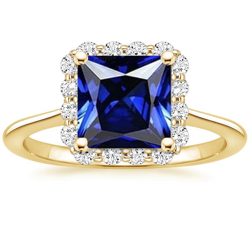 Yellow Gold Diamond Halo Ring With Princess Cut Blue Sapphire 6 Carats - Gemstone Ring-harrychadent.ca