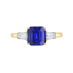 Yellow Gold Natural Earth Mined Diamond Ring 2 Carats Asscher Cut Ceylon Sapphire 3 Stone
