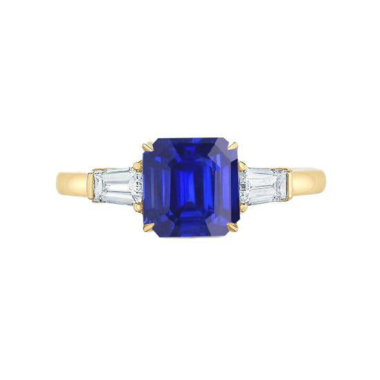 Yellow Gold Diamond Ring 2 Carats Asscher Cut Ceylon Sapphire 3 Stone - Gemstone Ring-harrychadent.ca