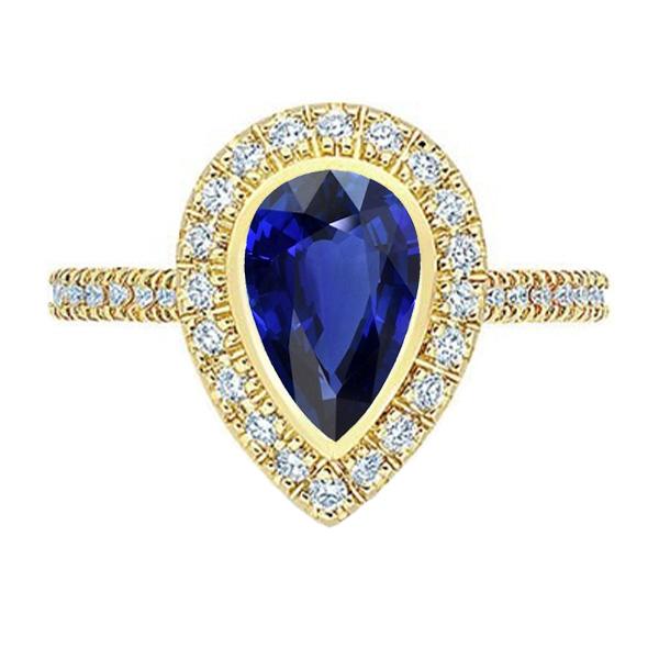 Yellow Gold Halo Pear Srilanka Sapphire Ring & Diamonds 4 Carats - Gemstone Ring-harrychadent.ca