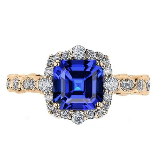 Yellow Gold Halo Ring Flower Style Asscher Blue Sapphire 4.50 Carats - Gemstone Ring-harrychadent.ca