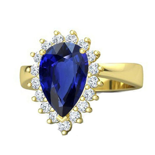 Yellow Gold Halo Ring Flower Style Ceylon Sapphire & Diamonds 4 Carats - Gemstone Ring-harrychadent.ca