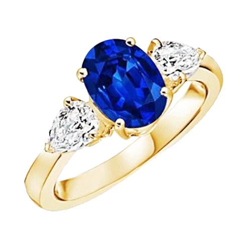 Yellow Gold Oval Blue Sapphire & Pear Diamond 3 Stone Ring 5.25 Carats - Gemstone Ring-harrychadent.ca