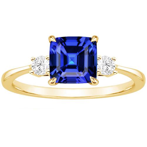 Yellow Gold Round Diamond & Cushion Blue Sapphire Ring 2.75 Carats New - Gemstone Ring-harrychadent.ca