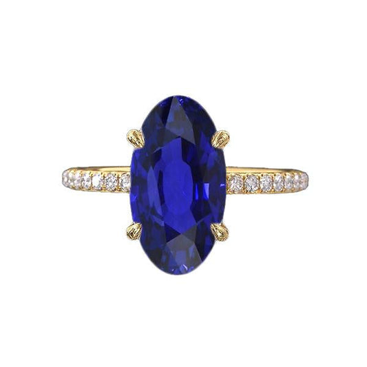 Yellow Gold Solitaire Oval Blue Sapphire Ring With Accents 4 Carats - Gemstone Ring-harrychadent.ca