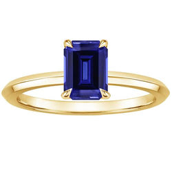 Yellow Gold Solitaire Ring Prong Set Emerald Blue Sapphire 3 Carats