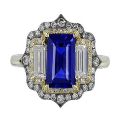 Yellow & White Gold Emerald Cut Blue Sapphire Natural Earth Mined Diamond Ring 6.75 Carats
