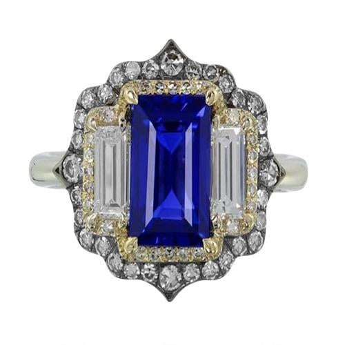 Yellow & White Gold Emerald Cut Blue Sapphire Diamond Ring 6.75 Carats - Gemstone Ring-harrychadent.ca