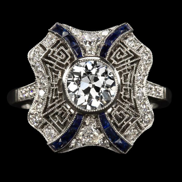 Antique Style Old Cut Diamond & Trapezoid Sapphires Ring 3.75 Carats - Halo Ring-harrychadent.ca