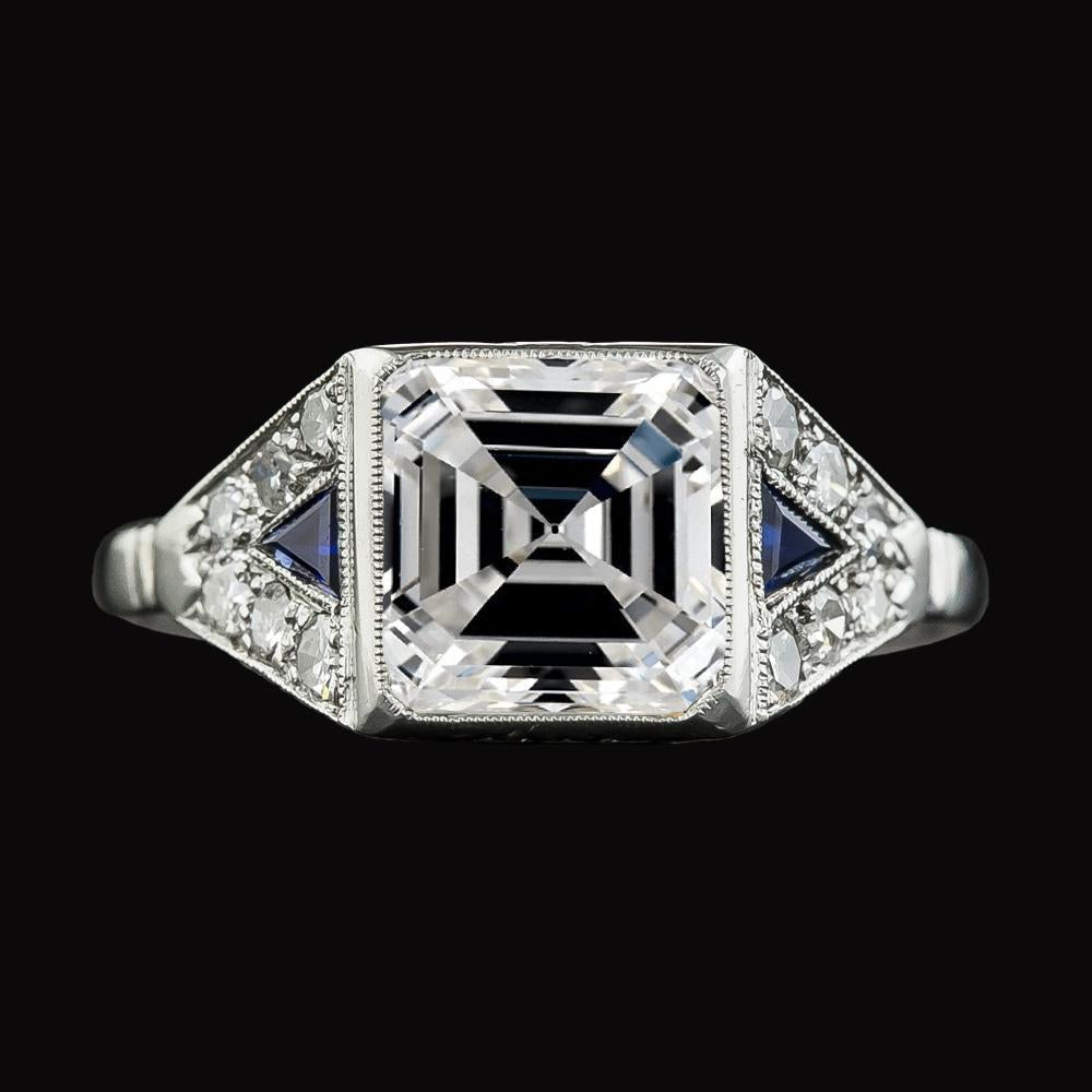 Asscher Diamond & Trillion Ceylon Sapphire Gemstone Ring 6.25 Carats - Halo Ring-harrychadent.ca