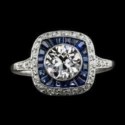 Double Halo Old Cut Natural Earth Mined Diamond & Trapezoid Sapphires Ring 4.50 Carats