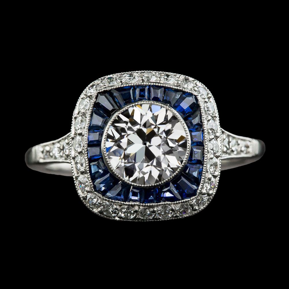 Double Halo Old Cut Diamond & Trapezoid Sapphires Ring 4.50 Carats - Halo Ring-harrychadent.ca