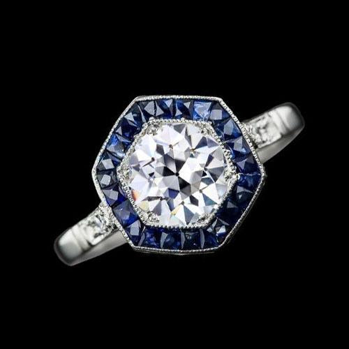 Gold Halo Blue Sapphire & Round Old Mine Cut Diamond Ring 3.25 Carats - Halo Ring-harrychadent.ca