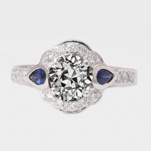 Halo Lady’s Ring Round Old Cut Diamond & Pear Blue Sapphires 3 Carats - Halo Ring-harrychadent.ca