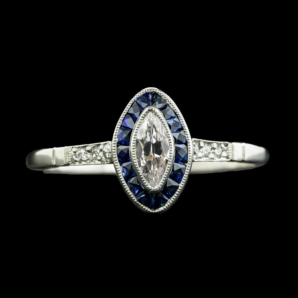 Halo Marquise Old Cut Diamond & Trapezoid Sapphires Ring 3 Carats - Halo Ring-harrychadent.ca