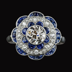 Halo Old Cut Natural Earth Mined Diamond & Blue Sapphires Ring Flower Style 4.50 Carats