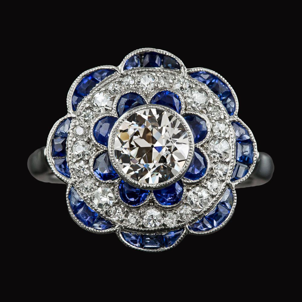 Halo Old Cut Diamond & Blue Sapphires Ring Flower Style 4.50 Carats - Halo Ring-harrychadent.ca