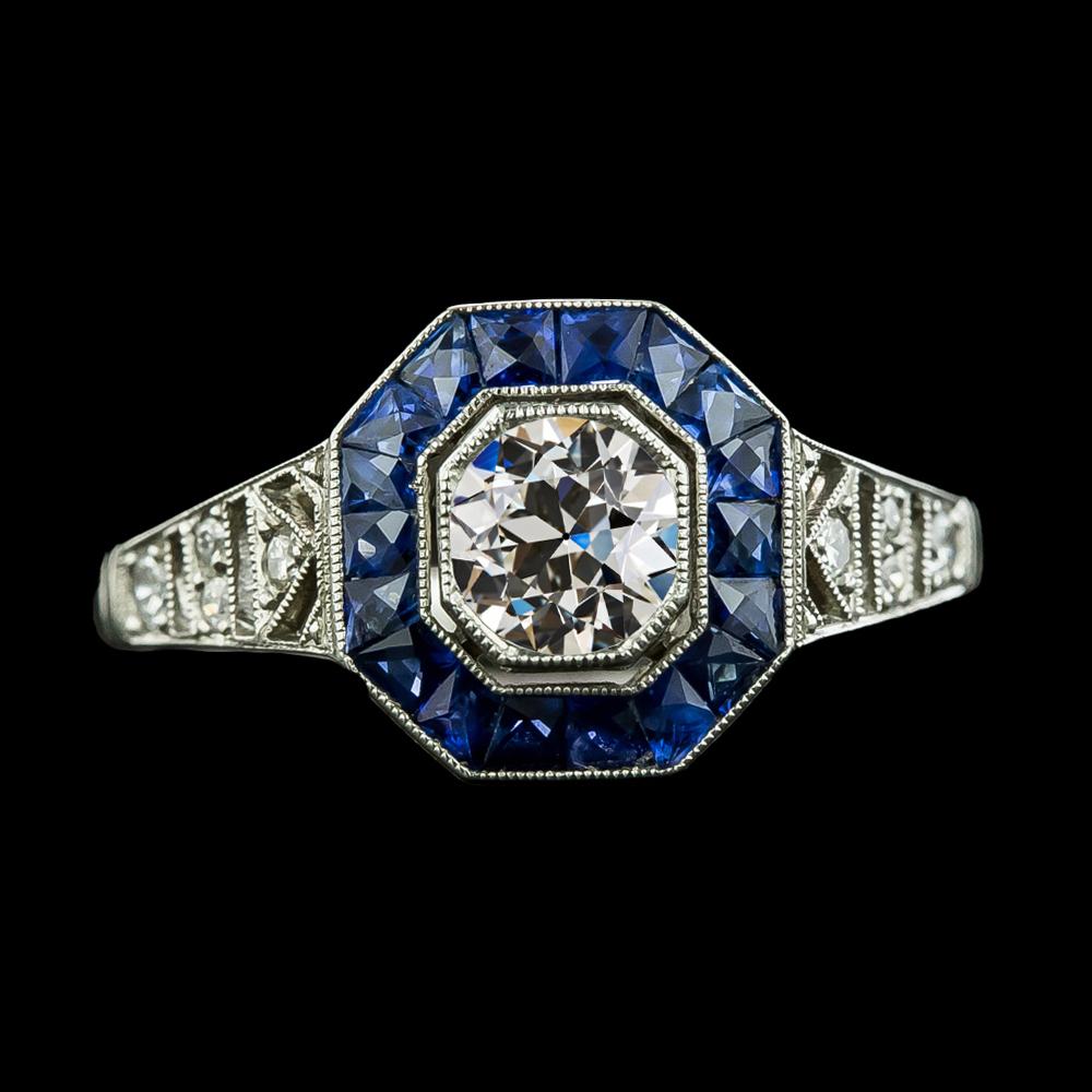 Halo Old Cut Diamond Gemstone Ring Ceylon Sapphires 3 Carats Milgrain - Halo Ring-harrychadent.ca