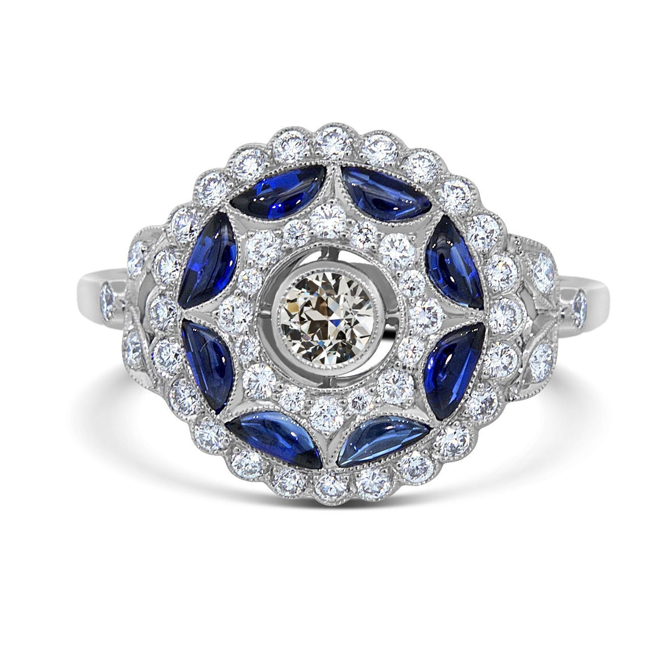 Halo Old Cut Diamond Ring Half Moon Sapphire Flower Style 3 Carats - Halo Ring-harrychadent.ca