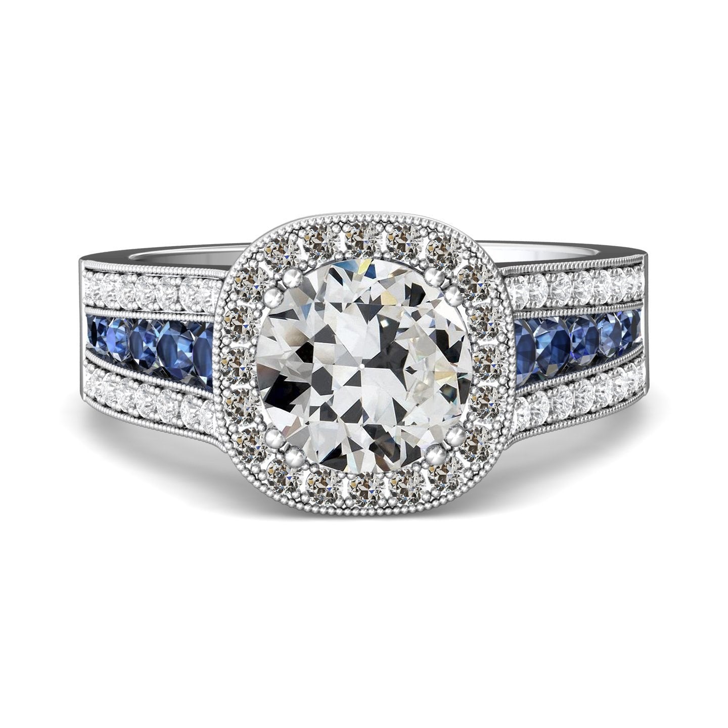 Halo Old Mine Cut Diamond & Blue Sapphires Ring Prong Set 6.50 Carats - Halo Ring-harrychadent.ca