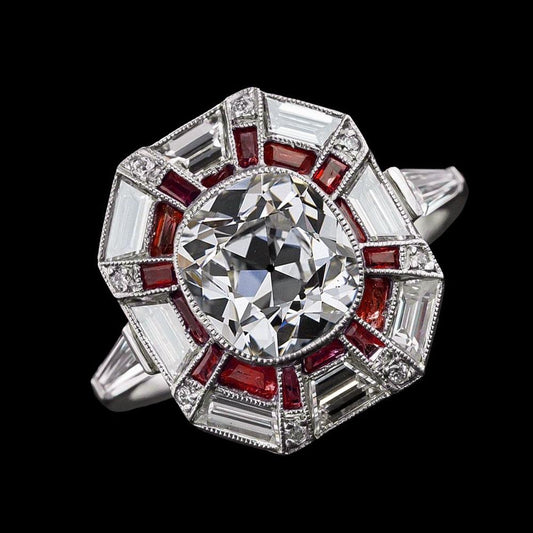 Halo Ring Baguette Ruby & Old Cut Round Diamond 6.50 Carats - Halo Ring-harrychadent.ca