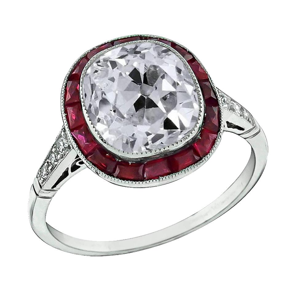 Halo Ring Old Cut Cushion Diamond & Rubies Bezel Set 7.75 Carats - Halo Ring-harrychadent.ca