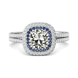 Halo Round Old Cut Natural Earth Mined Diamond & Ceylon Sapphire Wedding Ring 6 Carats