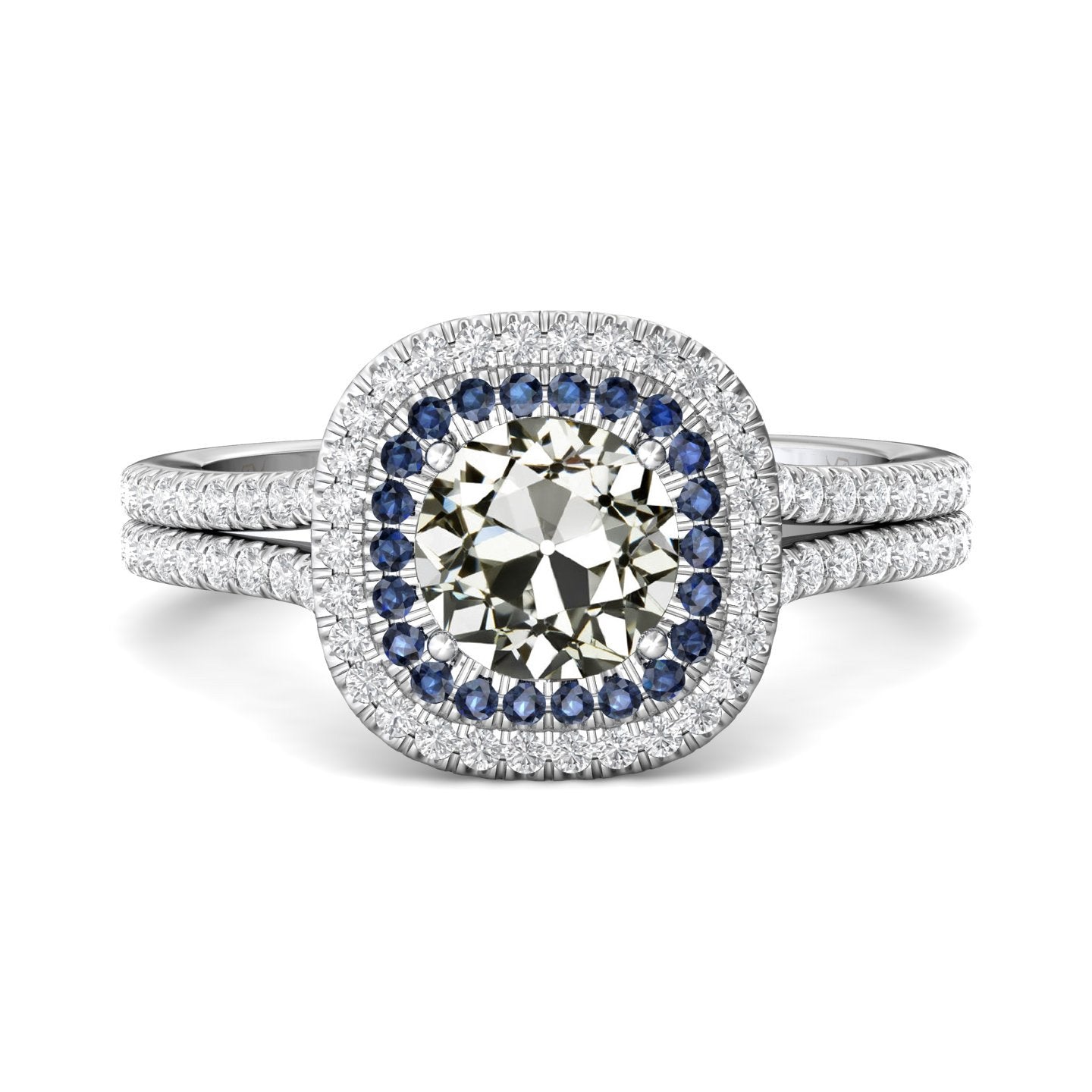 Halo Round Old Cut Diamond & Ceylon Sapphire Wedding Ring 6 Carats - Halo Ring-harrychadent.ca