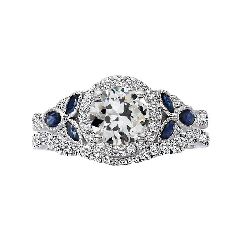 Halo Wedding Ring Set Old Cut Diamond & Marquise Sapphires 6 Carats - Halo Ring-harrychadent.ca