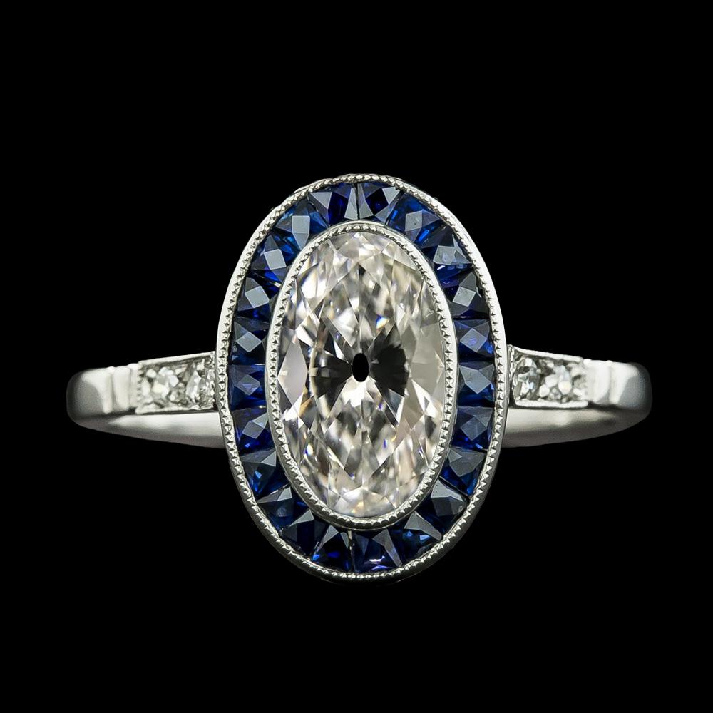 Ladies Halo Ring Oval Old Miner Diamond & Blue Sapphires 6.75 Carats - Halo Ring-harrychadent.ca