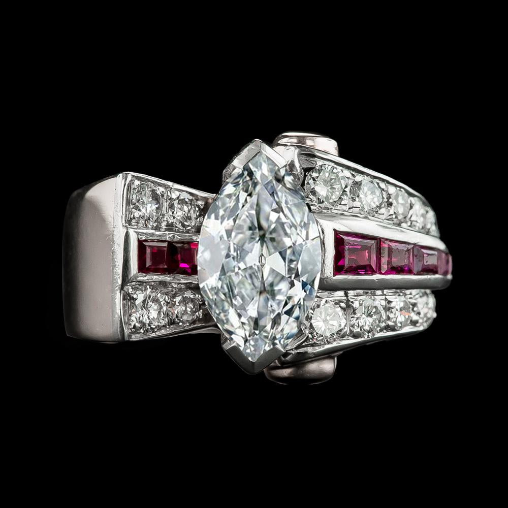 Marquise Old Cut Diamond Baguette Rubies Ring V Prong Set 6.50 Carats - Halo Ring-harrychadent.ca