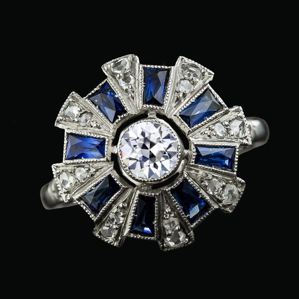 Old Miner Round Diamond Baguette Blue Sapphire Halo Ring 3.75 Carats - Halo Ring-harrychadent.ca