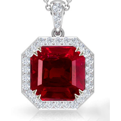 Ladies Round Diamond Halo Gemstone Pendant Asscher Cut Ruby 12 Carats - Pendant-harrychadent.ca