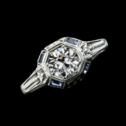 Round Old Mine Cut Natural Earth Mined Diamond Baguette Ceylon Sapphire Ring 2.75 Carats