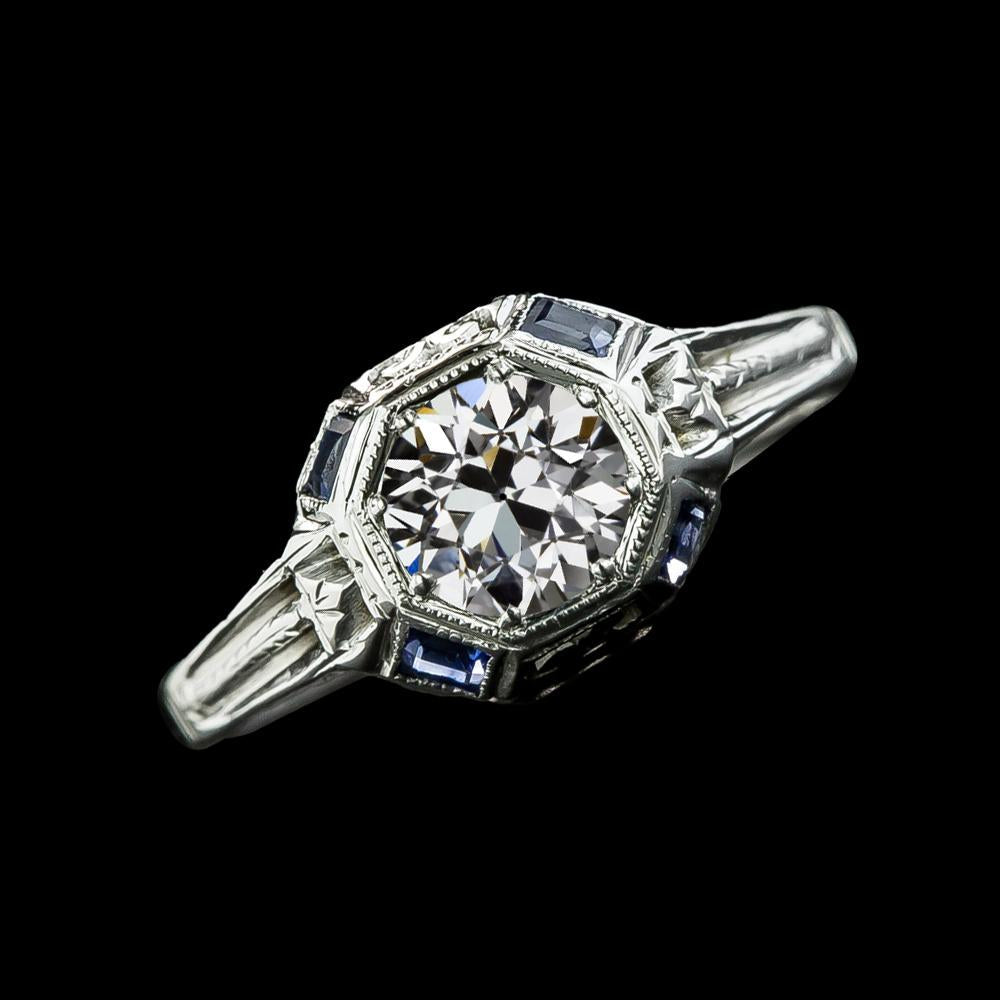 Round Old Mine Cut Diamond Baguette Ceylon Sapphire Ring 2.75 Carats - Solitaire Ring with Accents-harrychadent.ca