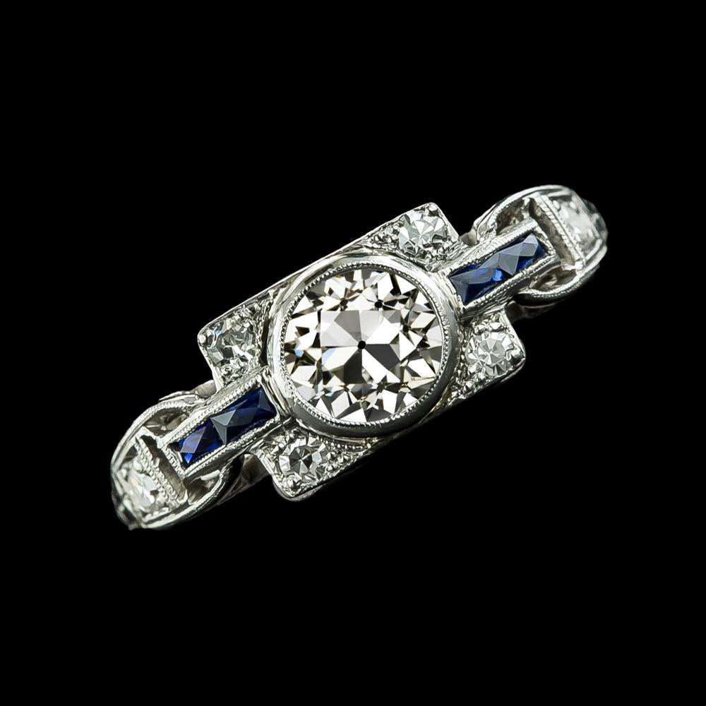 Round Old Miner Diamond Ring Bezel Set Baguette Sapphires 2.75 Carats - Solitaire Ring with Accents-harrychadent.ca