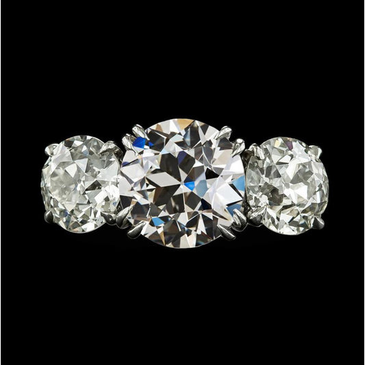 3 Stone Ring Round Old Mine Cut Diamond Double Prong Set 6.50 Carats - Three Stone Ring-harrychadent.ca