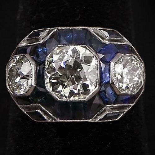 3 Stone Style Old Cut Round Diamond Ring & Blue Sapphire 6 Carats - Three Stone Ring-harrychadent.ca