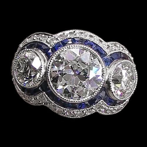 Blue Sapphire Old Cut Round Diamond Ring 3 Stone Style 6 Carats - Three Stone Ring-harrychadent.ca