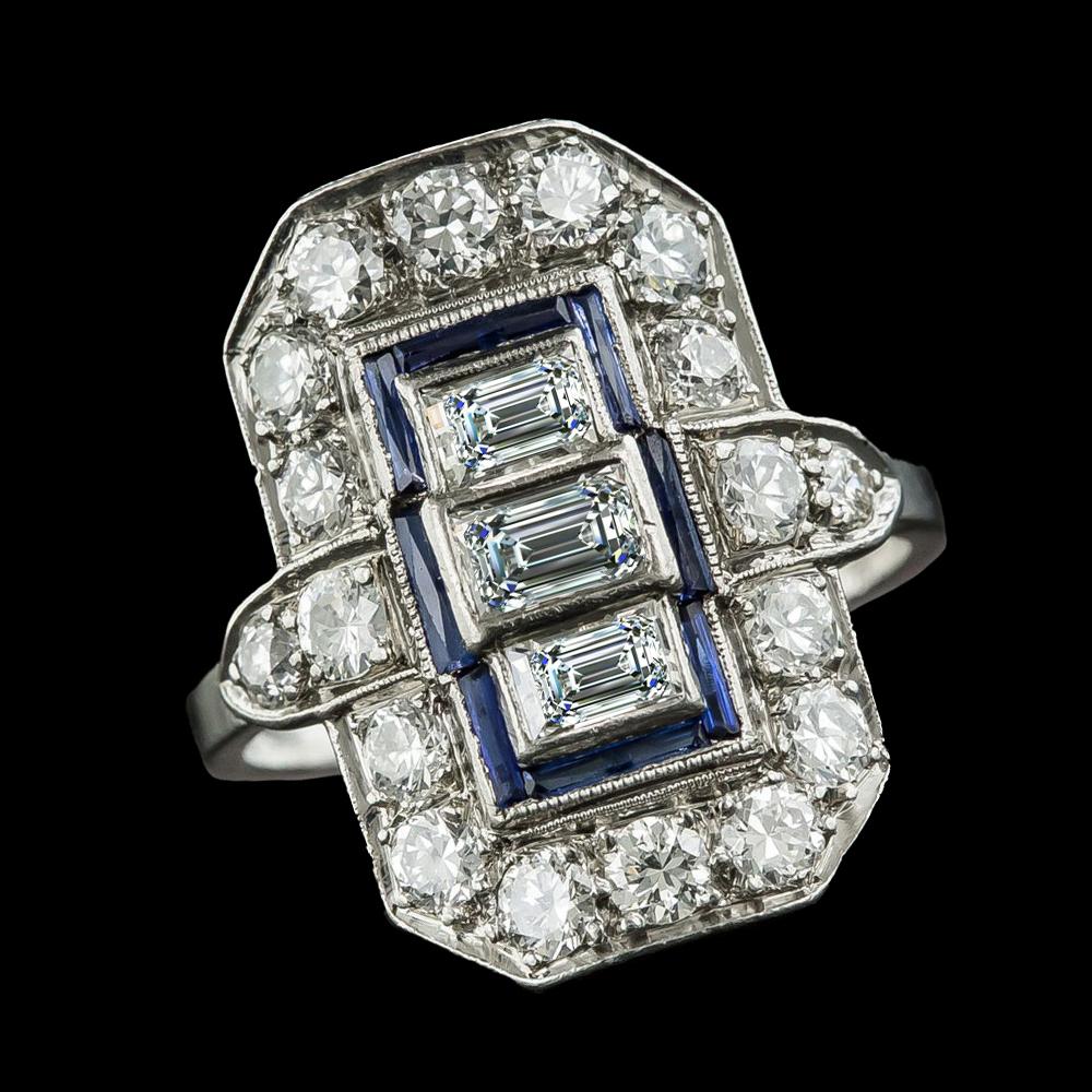 Emerald Old Miner Diamond Ring Blue Sapphire 3 Stone Style 6.75 Carats - Three Stone Ring-harrychadent.ca