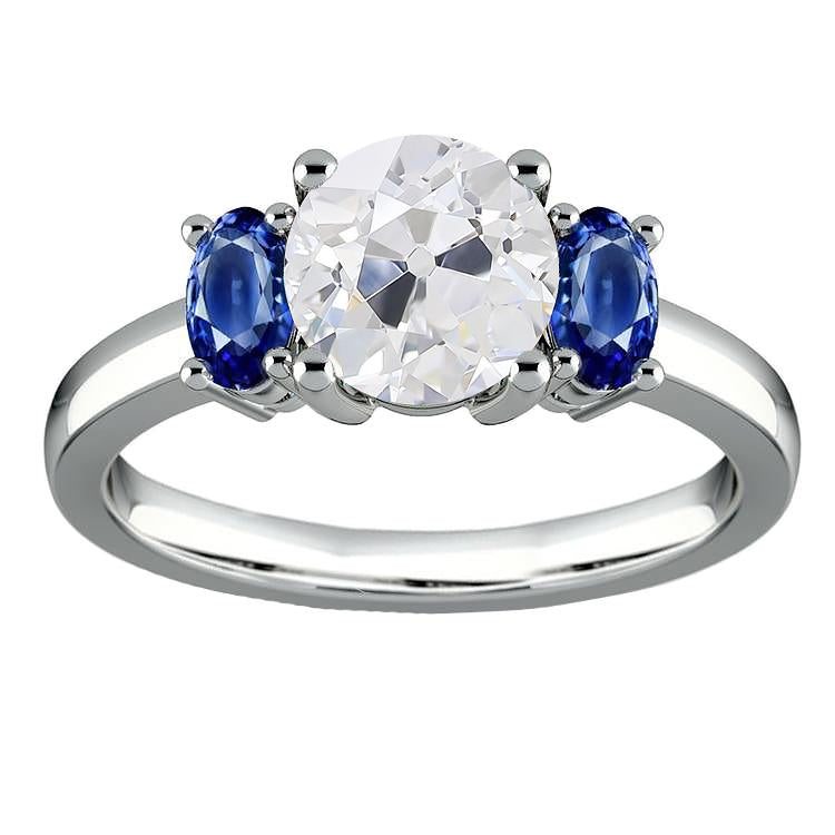 Oval Sapphire Three Stone Ring Old European Round Diamond 4.50 Carats - Three Stone Ring-harrychadent.ca