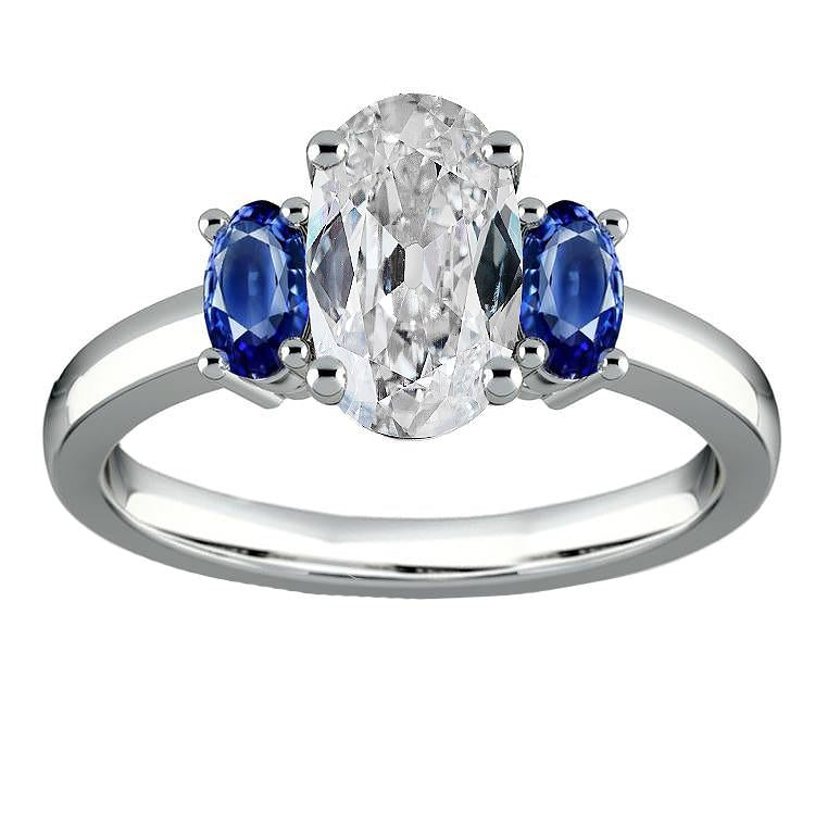 Oval Three Stone Ring Old Miner Diamond & Blue Sapphires 7 Carats - Three Stone Ring-harrychadent.ca