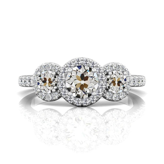 Round Old Cut Genuine Diamond Halo Wedding Ring 3 Stone Style 6 Carats