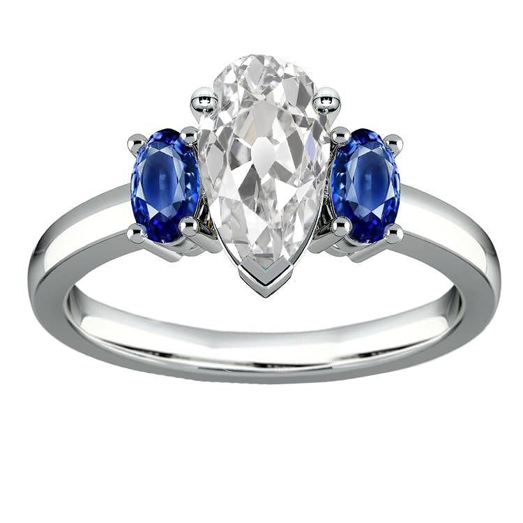 Three Stone Old Cut Pear Diamond Oval Blue Sapphires Ring 3.50 Carats - Three Stone Ring-harrychadent.ca