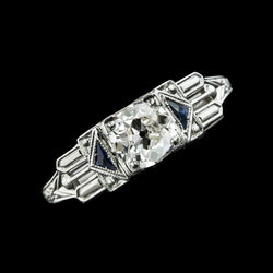 Three Stone Old Miner Round Natural Earth Mined Diamond & Trillion Sapphire Ring 2 Carats
