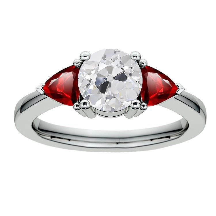 Trillion Ruby Three Stone Old Cut Round Diamond Ring 3.50 Carats - Three Stone Ring-harrychadent.ca