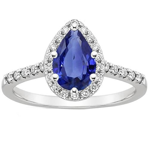 White Gold Diamond Halo Gemstone Ring 6 Carats Pear Cut Blue Sapphire - -harrychadent.ca